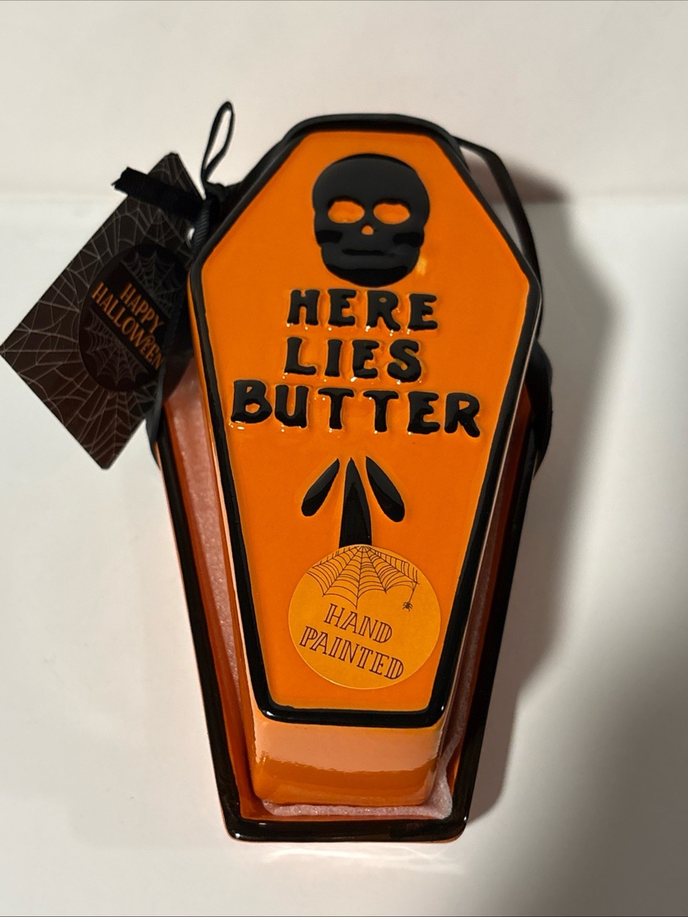 Cobwebs & Cauldron Halloween Coffin Butter Dish, Orange New